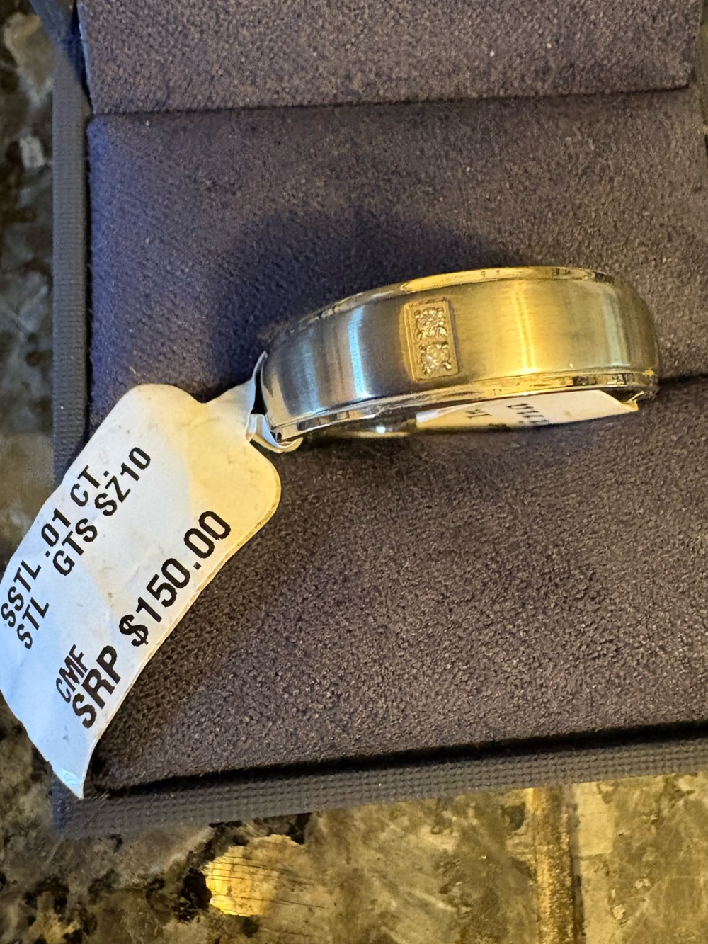 Men's Brushed Silver-Tone Ring with Diamond Accent - Size 10